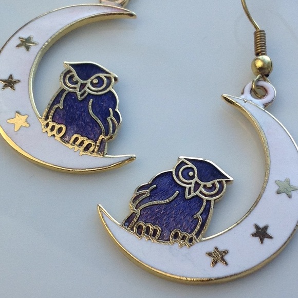 Vintage Cloisonne owl moon dangle drop earrings - Picture 2 of 3